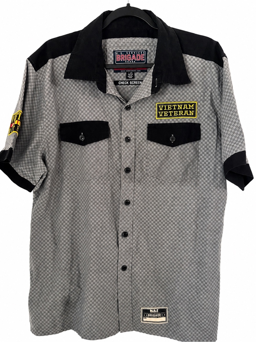 U.S. Services Brigade Vietnam Veteran Gray Checkered Print Short Sleeve Shirt L